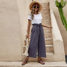 Women's Solid Color Elastic Waist Casual Belted Wide Leg Pants