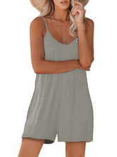 Women's Casual Suspender Shorts Solid Color Round Neck Loose Pocket Jumpsuit