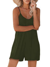 Women's Casual Suspender Shorts Solid Color Round Neck Loose Pocket Jumpsuit