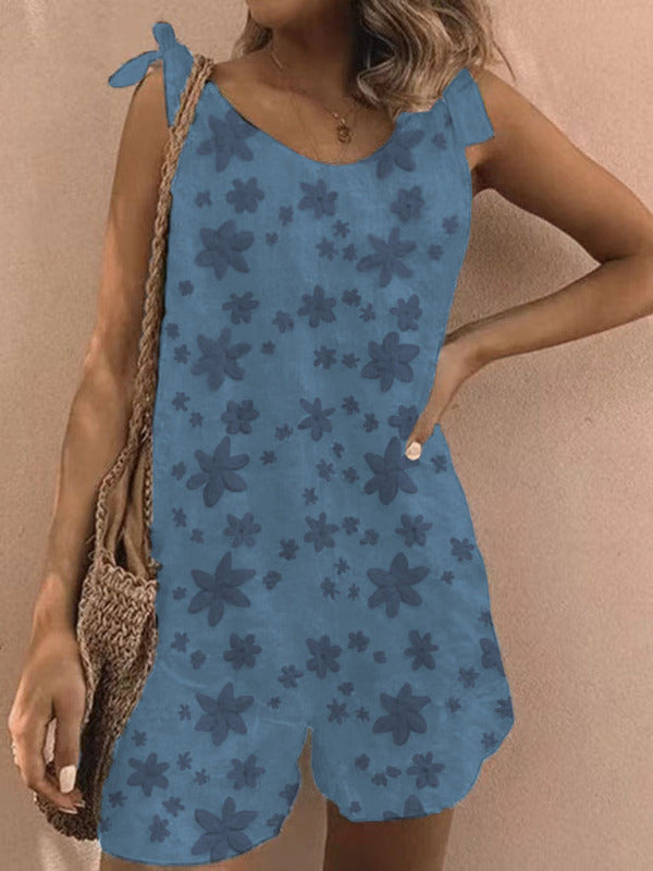 Women's Embroidered Fabric Bow Strap Jumpsuit