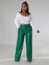 PU women's loose wide-leg pocket casual leather pants