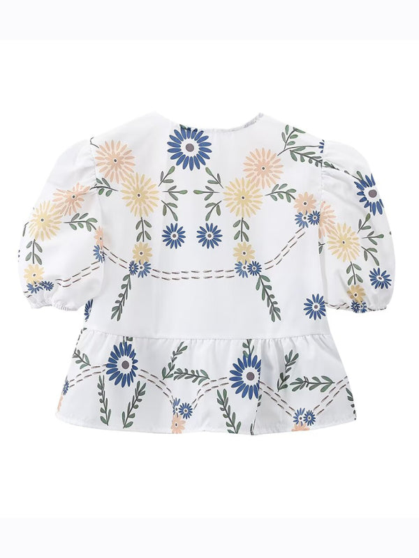 Women's irregular floral print V-neck short-sleeved bow-detailed lace-up shirt top
