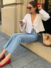 Women's casual deep V bell sleeve strappy top