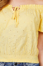 Short Sleeve Off The Shoulder Front Tie Detail Smocked Hem Eyelet Lace Woven Top