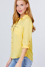 3/4 Roll Up Sleeve Pocket W/zipper Detail Woven Blouse