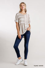 Horizontal And Vertical Striped Short Folded Sleeve Top With High Low Hem