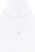 2 Layered Chain Metal Square Marbling Stone Pendant Necklace
