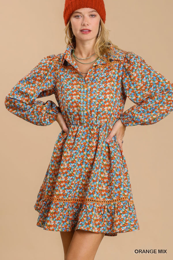 Collared neckline button down floral print dress with crochet trimmed details