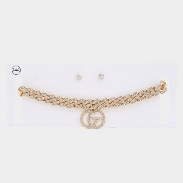 Double Circle Rhinestone Charm Curb Link Choker Necklace