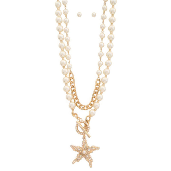 Star pendant pearl bead toggle clasp layered necklace