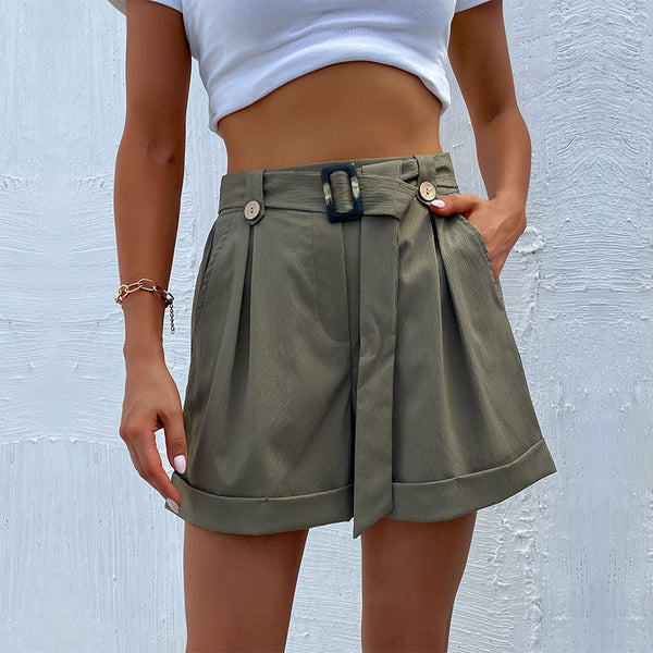 Women's fashion casual green shorts with belt