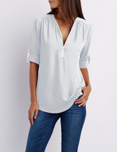 V-neck zipper large size women's long-sleeved pull-sleeve loose commuter chiffon shirt