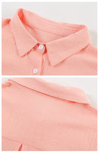 Linen Lapel Button Raglan Short Sleeve Shirt Curved Slit Hem Blouse