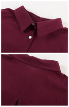 Linen Lapel Button Raglan Short Sleeve Shirt Curved Slit Hem Blouse