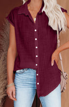 Linen Lapel Button Raglan Short Sleeve Shirt Curved Slit Hem Blouse