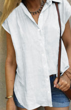Linen Lapel Button Raglan Short Sleeve Shirt Curved Slit Hem Blouse