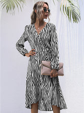 Zebra V-Neck Tie One Piece Long Sleeve Dress