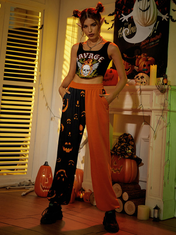 Women's Halloween casual patchwork print shows the trend of thin pants