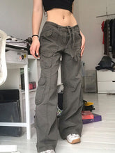 Multi-pocket work trousers low waist loose fitting casual denim trousers