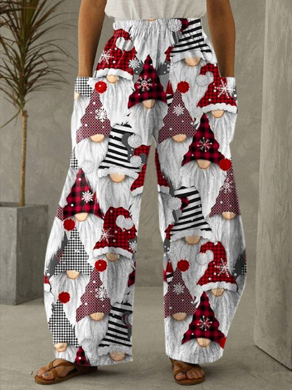 Christmas Gnome Print Wide Leg Pants