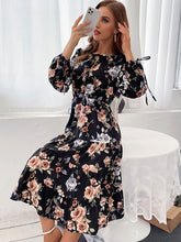 Floral Print Woven Long Sleeve Midi Dress