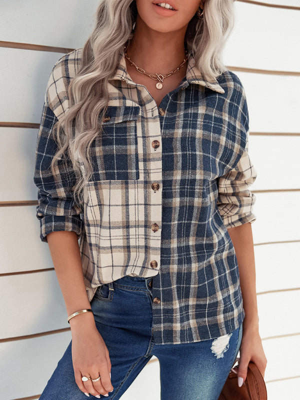 Women's lapel plaid long sleeve loose shirt