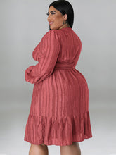 Plus size jacquard V-neck striped long-sleeved dress