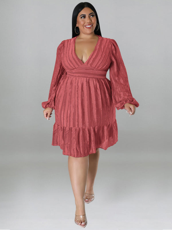 Plus size jacquard V-neck striped long-sleeved dress