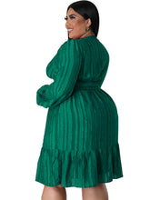 Plus size jacquard V-neck striped long-sleeved dress