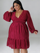 Plus size jacquard V-neck striped long-sleeved dress