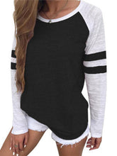 Contrast color stripe stitching long-sleeved T-shirt round neck color block top