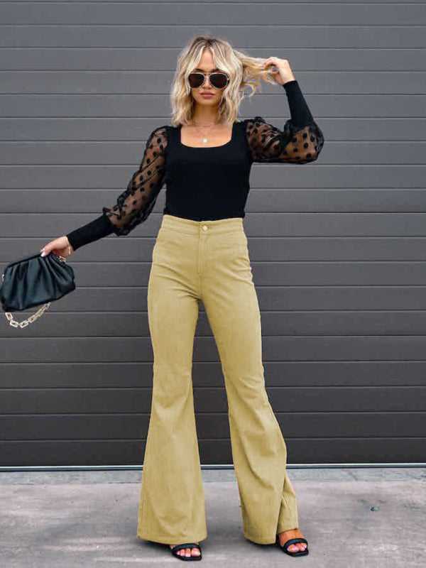 Solid Color High Waist Slim Flared Pants Corduroy High Waist Casual Pants