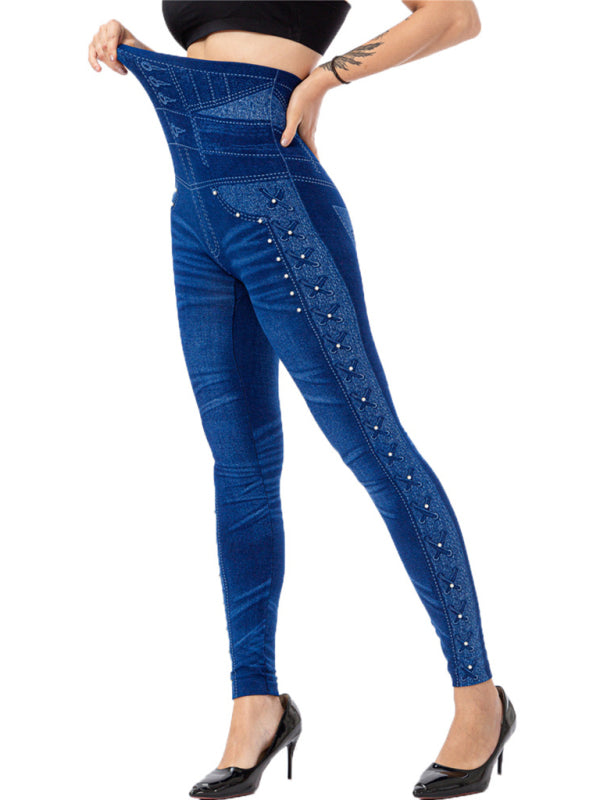 High waist beaded leggings stretch slim cropped pants