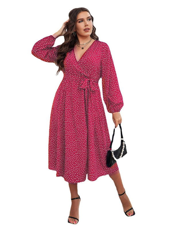 Plus size big pendulum polka dot long sleeve commuter red dress