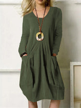 Cotton Linen Loose Casual Long Dress Solid Color Pocket Dress