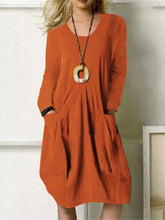 Cotton Linen Loose Casual Long Dress Solid Color Pocket Dress