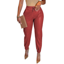 Women's Solid Color Drawstring Pocket Leggings Leather Pants