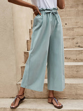 Women's Solid Color Elastic Waist Casual Belted Wide Leg Pants