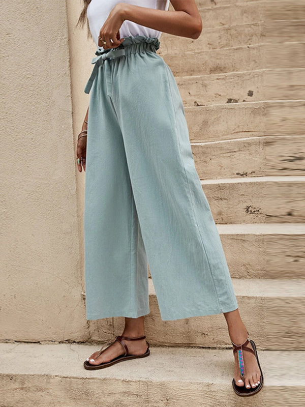 Women's Solid Color Elastic Waist Casual Belted Wide Leg Pants