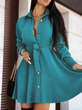 Women's solid lapel button tie dress