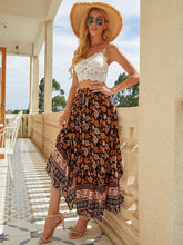 Bohemian Long Skirt Ethnic Print Elastic High Waist Tie Button Slit Holiday Travel Skirt