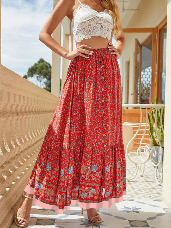 Bohemian Long Skirt Ethnic Print Elastic High Waist Tie Button Slit Holiday Travel Skirt