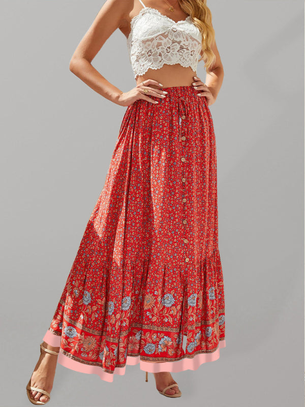 Bohemian Long Skirt Ethnic Print Elastic High Waist Tie Button Slit Holiday Travel Skirt