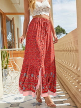 Bohemian Long Skirt Ethnic Print Elastic High Waist Tie Button Slit Holiday Travel Skirt