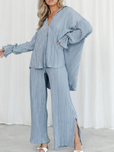 Women's Solid Color Pressed Pleated Long Sleeve Cardigan Shirt Slit Top Trousers Two-Piece Set