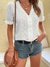 Women's solid color V-neck hollow short-sleeved blouse