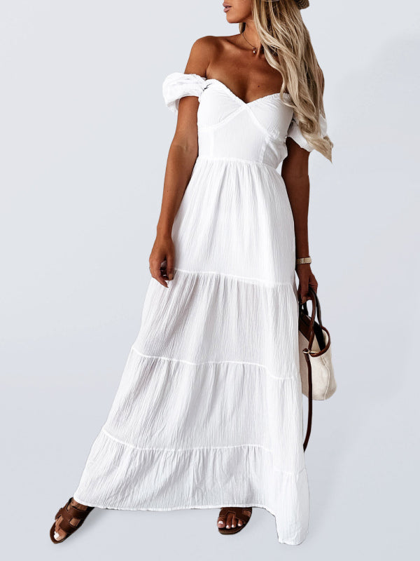 New style short-sleeved off-the-shoulder solid color backless strappy commuter high-waisted dress