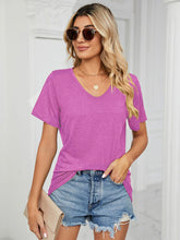 Short Sleeve V Neck Gathered Solid Color Loose T-Shirt Top Ladies