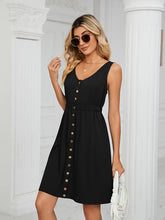 Women's Knitted Sleeveless Button Pocket Round Neck Slit Waist Dress