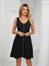 Women's Knitted Sleeveless Button Pocket Round Neck Slit Waist Dress